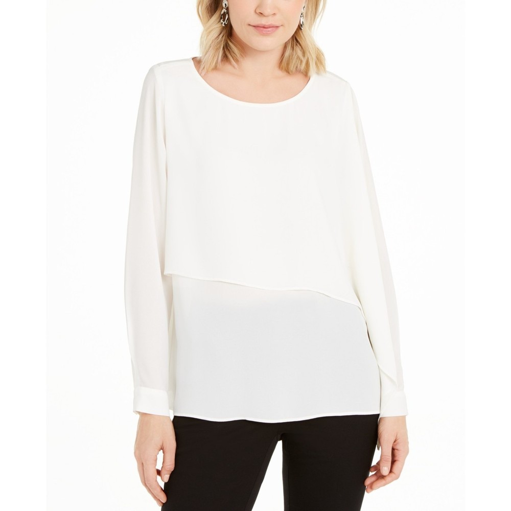 Alfani NWT Blouse Long Sleeve Asymmetrical Overlay Office Wear Cloud Large New